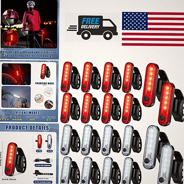 20 Pack LED Bicycle Rear Lights USB Rechargeable Waterproof for Night Safety