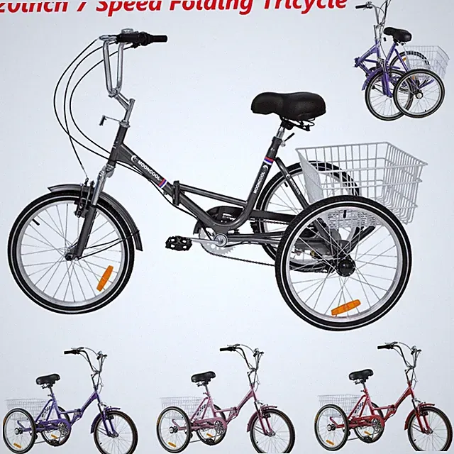 Foldable Adult Tricycle 20''/24''/26'' Folding 7-Speed 3 Wheel Bikes w/ Basket